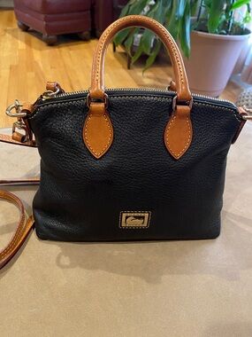 Dooney & Bourke Black Pebbled Leather Satchel with Brown Trim